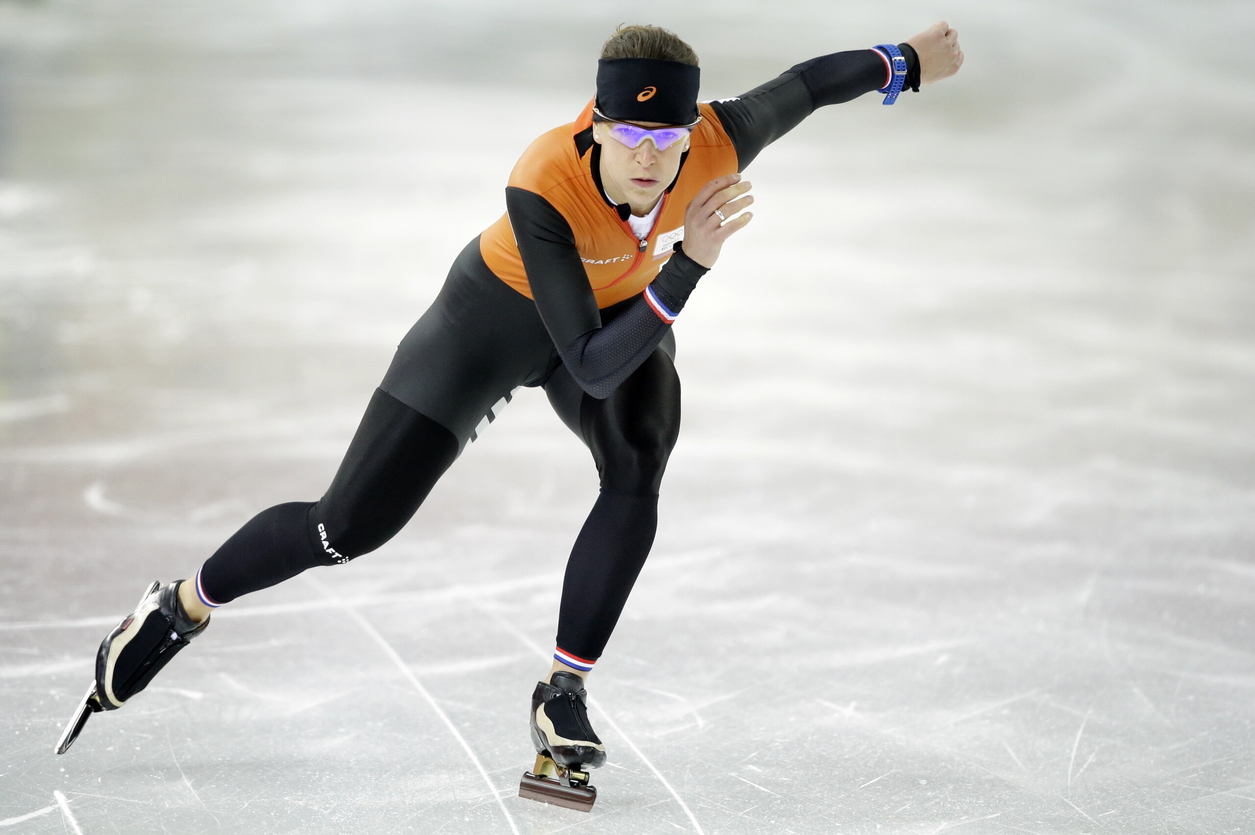 Speedskater Ireen Wust of the Netherlands trains at the Adler Arena Skating Center during the 2014 Winter Olympics in Sochi, Russia, Thursday, Feb. 6, 2014. (AP Photo/Patrick Semansky)