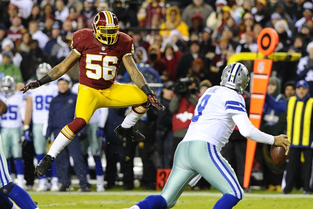 Dec 30, 2012; Landover, MD, USA; Washington Redskins linebacker Perry Riley (56) pressures Dallas Cowboys quarterback Tony Romo (9) during the first half at FedEX Field. Mandatory Credit: Brad Mills-USA Today Sports