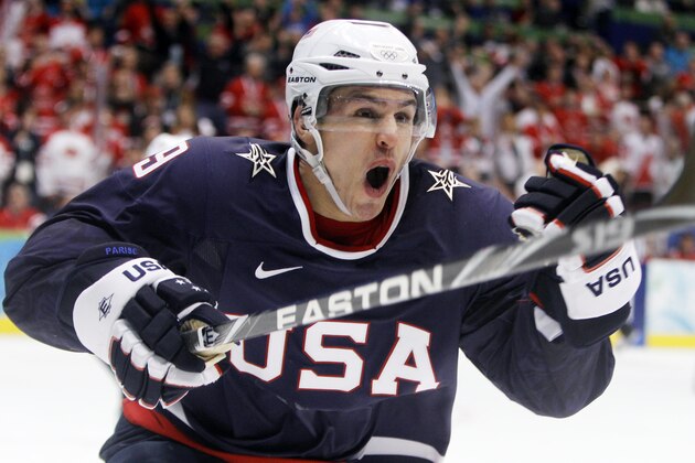 USA's Zach Parise (9) reacts after scoring a goal in the third period of the men's gold medal ice hockey game against Canada at the Vancouver 2010 Olympics in Vancouver, British Columbia, Sunday, Feb. 28, 2010. (AP Photo/Gene J. Puskar)