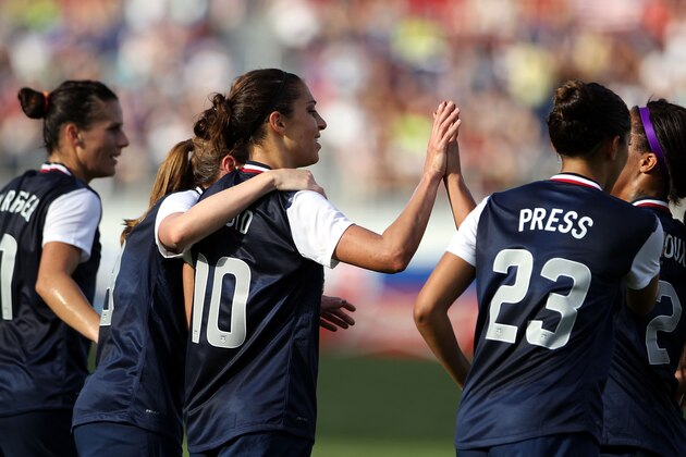 BOCA RATON, FL - FEBRUARY 08:  Midfielder Carli Loyd #10 of the United States celebrates a goal with teammates against Russia at FAU Stadium on February 8, 2014 in Boca Raton, Florida.  (Photo by Marc Serota/Getty Images)