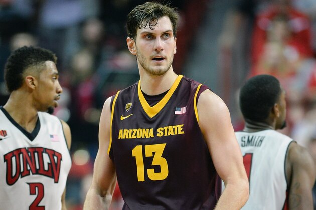 LAS VEGAS, NV - NOVEMBER 19:  Jordan Bachynski #13 of the Arizona State Sun Devils gestures to his bench during a game against the UNLV Rebels at the Thomas & Mack Center on November 19, 2013 in Las Vegas, Nevada. Arizona State won 86-80.  (Photo by Ethan Miller/Getty Images)