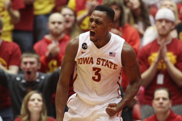 Iowa State forward Melvin Ejim (3) reacts after being called for a foul during the second half of an NCAA college basketball game against Oklahoma in Ames, Iowa, Saturday, Feb. 1, 2014. (AP Photo/Justin Hayworth)