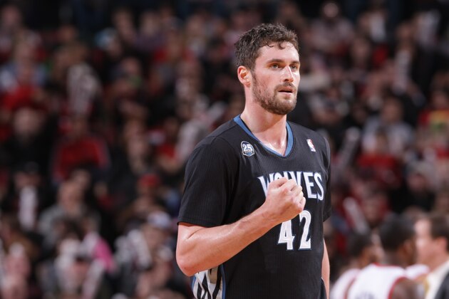PORTLAND, OR - JANUARY 25:  Kevin Love #42 of the Minnesota Timberwolves walks off the court against the Portland Trail Blazers on January 25, 2014 at the Moda Center Arena in Portland, Oregon. NOTE TO USER: User expressly acknowledges and agrees that, by downloading and or using this photograph, user is consenting to the terms and conditions of the Getty Images License Agreement. Mandatory Copyright Notice: Copyright 2014 NBAE (Photo by Sam Forencich/NBAE via Getty Images)