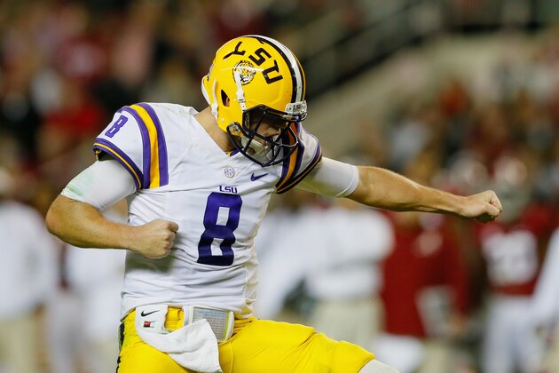 TUSCALOOSA, AL - NOVEMBER 09:  Zach Mettenberger #8 of the LSU Tigers celebrates a second quarter touchdown against the Alabama Crimson Tide during the game at Bryant-Denny Stadium on November 9, 2013 in Tuscaloosa, Alabama.  (Photo by Kevin C. Cox/Getty Images)