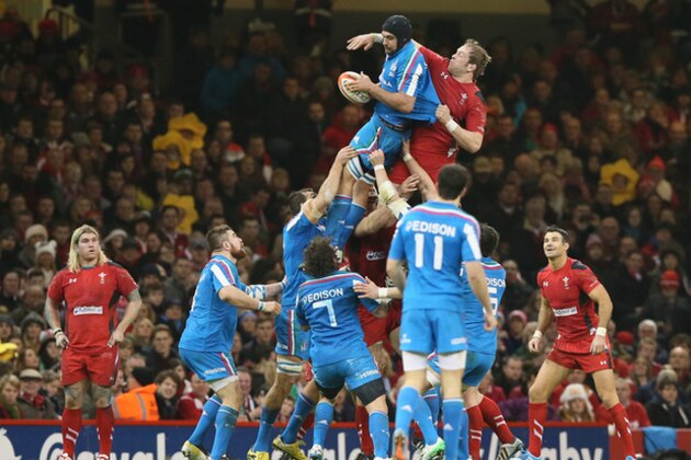 Italy's Marco Bortolami, collects the ball during a line out during their Six Nations international rugby union match between Wales and Italy at the Millennium stadium in Cardiff, Wales, Saturday, Feb. 1, 2014. (AP Photo/Alastair Grant)
