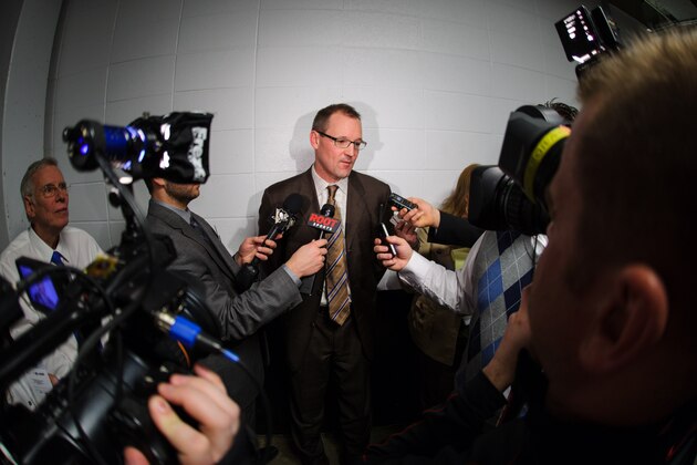 CALGARY, AB - JANUARY 11: Head coach of the Pittsburgh Penguins Dan Bylsma speaks to the media prior to an NHL game against the Calgary Flames at Scotiabank Saddledome on January 11, 2014 in Calgary, Alberta, Canada. (Photo by Derek Leung/Getty Images)