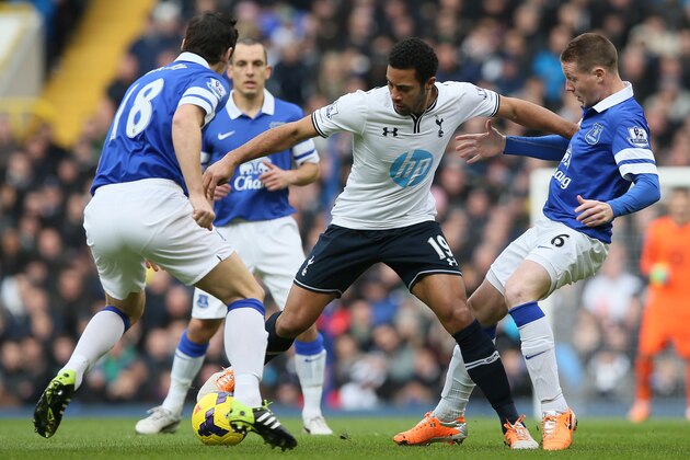 Tottenham's Mousa Dembele, centre defends the ball from Everton's James McCarthy during their English Premier League soccer match between Tottenham Hotspur and Everton at the White Hart Lane stadium in London, Sunday, Feb. 9,  2014. (AP Photo/Alastair Grant)