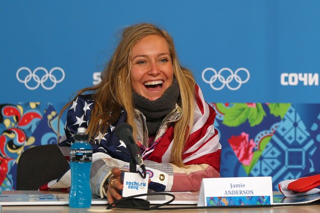 SOCHI, RUSSIA - FEBRUARY 09:  Gold medalist Jamie Anderson of the United States talks to the media at a press conference following the Women's Snowboard Slopestyle Finals during day two of the Sochi 2014 Winter Olympics at Rosa Khutor Extreme Park on February 9, 2014 in Sochi, Russia.  (Photo by Mike Ehrmann/Getty Images)