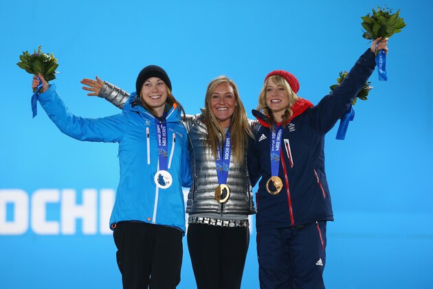 SOCHI, RUSSIA - FEBRUARY 09:  (L-R) Silver medalist Enni Rukajarvi of Finland, gold medalist Jamie Anderson of the United States and bronze medalist Jenny Jones of Great Britain pose on the podium during the medal ceremony for the Women's Snowboard Slopestyle Finals on day 2 of the Sochi 2014 Winter Olympics at Medals Plaza on February 9, 2014 in Sochi, .  (Photo by Streeter Lecka/Getty Images)
