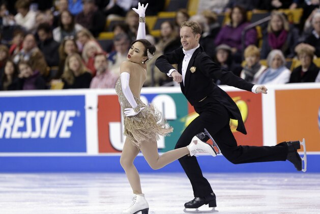 Madison Chock and Evan Bates skate during the ice dance short program at the U.S. Figure Skating Championships Friday, Jan. 10, 2014 in Boston. (AP Photo/Steven Senne)