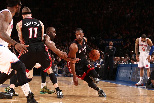 NEW YORK, NY - FEBRUARY 01: Dwyane Wade #3 of the Miami Heat drives against Raymond Felton #2 of the New York Knicks during a game at Madison Square Garden in New York City on February 01, 2014.  NOTE TO USER: User expressly acknowledges and agrees that, by downloading and or using this photograph, User is consenting to the terms and conditions of the Getty Images License Agreement. Mandatory Copyright Notice: Copyright 2014 NBAE  (Photo by Nathaniel S. Butler/NBAE via Getty Images)