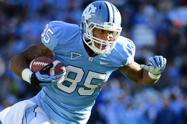 Nov 24, 2012; Chapel Hill, NC, USA; North Carolina Tar Heels tight end Eric Ebron (85) with the ball in the first quarter at Kenan Stadium. Mandatory Credit: Bob Donnan-USA TODAY Sports