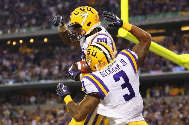 ARLINGTON, TX - AUGUST 31:  Jarvis Landry #80 of the LSU Tigers celebrates his touchdown with Odell Beckham Jr. #3 against the TCU Horned Frogs at AT&T Stadium on August 31, 2013 in Arlington, Texas.  (Photo by Ronald Martinez/Getty Images)