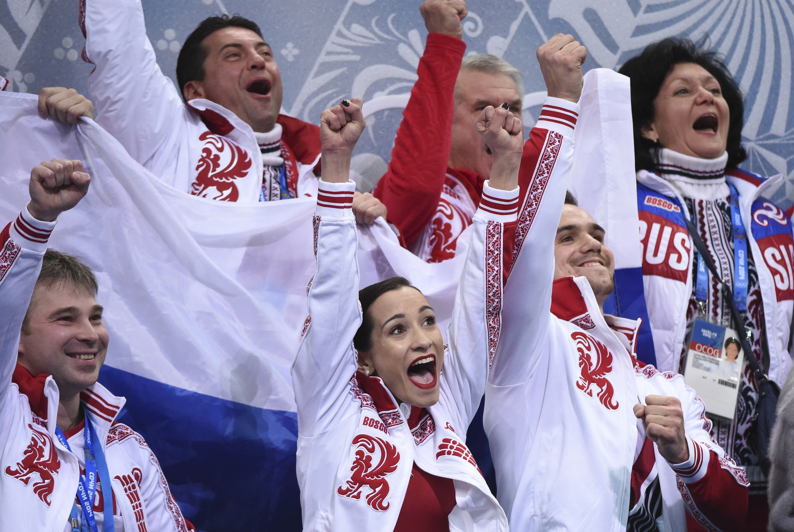 Feb 8, 2014; Sochi, RUSSIA; Ksenia Stolbova and Fedor Klimov of Russia cheer after their figure skating team pairs free skating portion of the competition at the Sochi 2014 Olympic Winter Games at Iceberg Skating Palace. Mandatory Credit: Robert Deutsch-USA TODAY Sports Feb 8, 2014; Sochi, RUSSIA; Ksenia Stolbova and Fedor Klimov of Russia cheer after their figure skating team pairs free skating portion of the competition at the Sochi 2014 Olympic Winter Games at Iceberg Skating Palace. Mandatory Credit: Robert Deutsch-USA TODAY Sports