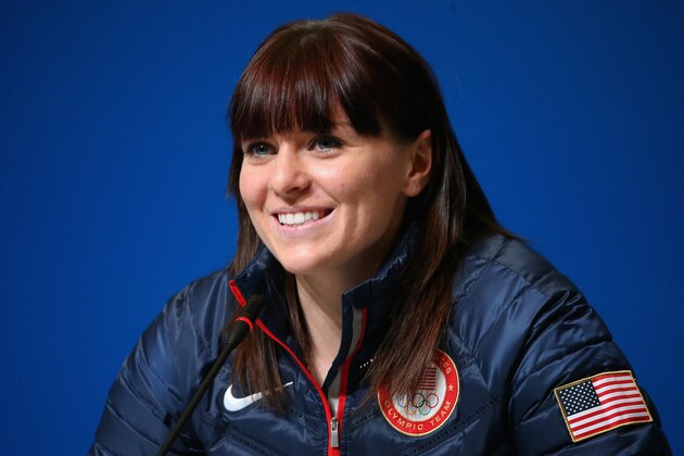 SOCHI, RUSSIA - FEBRUARY 06:  Heather Richardson of the USA speed skating team speaks at a press conference ahead of the Sochi 2014 Winter Olympics at the Main Press Center (MPC) on February 6, 2014 in Sochi, Russia.  (Photo by Quinn Rooney/Getty Images)
