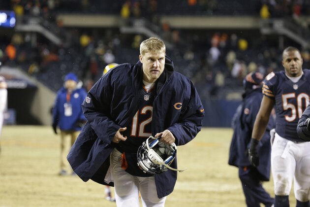 Chicago Bears quarterback Josh McCown (12) walks off the field after an NFL football game against the Green Bay Packers, Sunday, Dec. 29, 2013, in Chicago. The Packers won 33-28. (AP Photo/Nam Y. Huh)