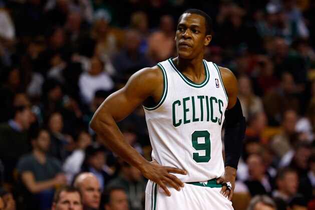 BOSTON, MA - JANUARY 24:  Rajon Rondo #9 of the Boston Celtics looks on during a game against the Oklahoma City Thunder at the TD Garden on January 24, 2014 in Boston, Massachusetts. NOTE TO USER: User expressly acknowledges and agrees that, by downloading and/or using this photograph, user is consenting to the terms and conditions of the Getty Images License Agreement.  (Photo by Alex Trautwig/Getty Images)