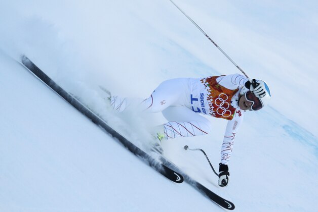 United States' Julia Mancuso makes a turn during a women's downhill training run for the Sochi 2014 Winter Olympics, Saturday, Feb. 8, 2014, in Krasnaya Polyana, Russia. (AP Photo/Charles Krupa)