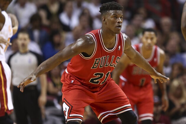 Chicago Bulls' Jimmy Butler during the second half of a NBA basketball game in Miami, Tuesday, Oct. 29, 2013 against the Miami Heat. The Heat won 107-95. (AP Photo/J Pat Carter)