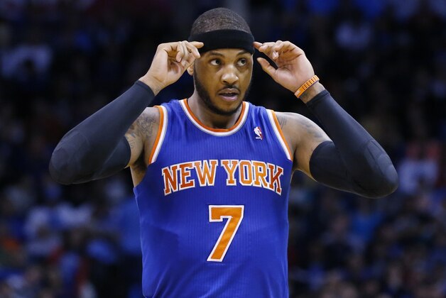 New York Knicks forward Carmelo Anthony (7) is pictured during an NBA basketball game between the New York Knicks and the Oklahoma City Thunder in Oklahoma City, Sunday, Feb. 9, 2014. (AP Photo/Sue Ogrocki)