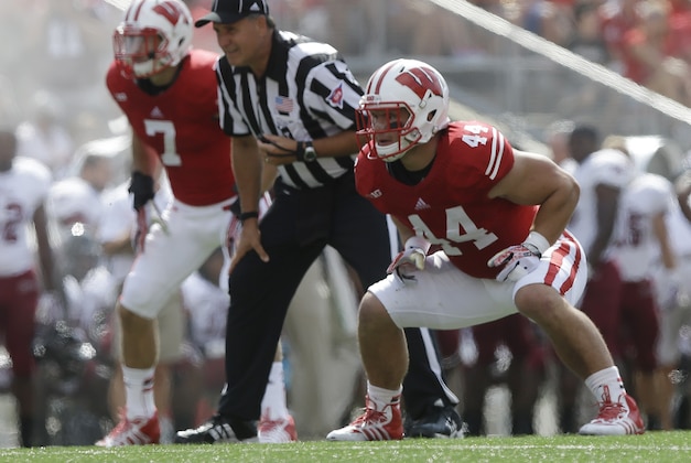 Wisconsin's Chris Borland during the first half of an NCAA college football game against Massachusetts Saturday, Aug. 31, 2013, in Madison, Wis. (AP Photo/Morry Gash)