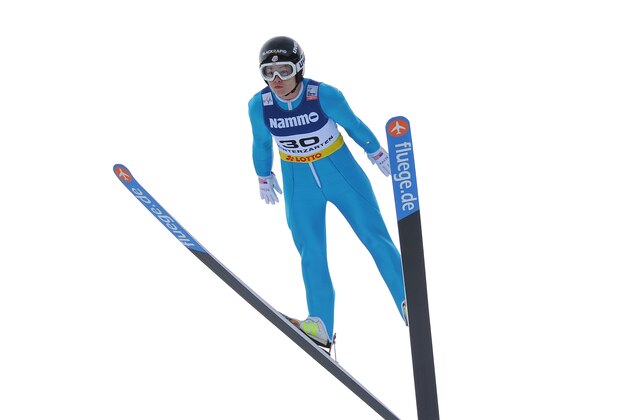 Lindsey Van from the US jumps during the Ski Jumping  Ladies World Cup  in Hinterzarten, Germany, Saturday, Dec. 21, 2013. (AP Photo/Daniel Maurer)