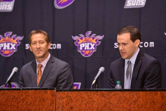 PHOENIX, AZ - MAY 28:  Jeff Hornacek head coach of the Phoenix Suns and General Manager of the Phoenix Suns Ryan McDonough pose for a picture on May 28, 2013 at U.S. Airways Center in Phoenix, Arizona. NOTE TO USER: User expressly acknowledges and agrees that, by downloading and or using this photograph, user is consenting to the terms and conditions of the Getty Images License Agreement. Mandatory Copyright Notice: Copyright 2013 NBAE (Photo by Barry Gossage/NBAE via Getty Images)