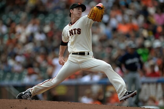 SAN FRANCISCO, CA - AUGUST 08:  Tim Lincecum #55 of the San Francisco Giants pitches against the Milwaukee Brewers at AT&T Park on August 8, 2013 in San Francisco, California.  (Photo by Thearon W. Henderson/Getty Images)