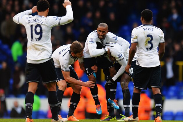 LONDON, ENGLAND - FEBRUARY 09:  Jermain Defoe (C) of Tottenham Hotspur is carried on the shoulders of team mates Jan Vertonghen (L) and Emmanuel Adebayor (R) at the end of his final home game before joining Toronto FC following the Barclays Premier League match between Tottenham Hotspur and Everton at White Hart Lane on February 9, 2014 in London, England.  (Photo by Shaun Botterill/Getty Images)