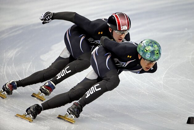 United States short track speed skating teammates J.r. Celski, right, and Christopher Creveling run through a training session at the Iceberg Skating Palace at the 2014 Winter Olympics, Sunday, Feb. 2, 2014, in Sochi, Russia. (AP Photo/David Goldman)