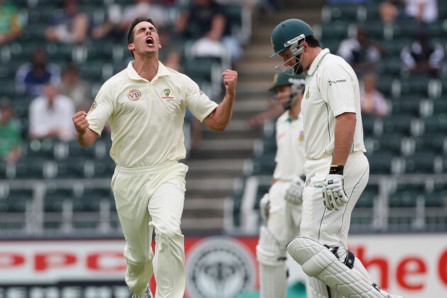 JOHANNESBURG, SOUTH AFRICA - FEBRUARY 27:  Mitchell Johnson of Australia celebrates the wicket of Graeme Smith of South Africa during day two of the First Test between South Africa and Australia played at the Wanderers on February 27, 2009 in Johannesburg, South Africa.  (Photo by Hamish Blair/Getty Images)