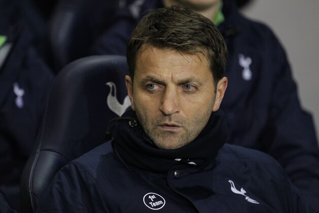 Tottenham Hotspur's caretaker manager Tim Sherwood looks on from the dugout before the start of their English League Cup quarterfinal soccer match against West Ham United at White Hart Lane, London, Wednesday, Dec. 18, 2013. (AP Photo/Sang Tan)