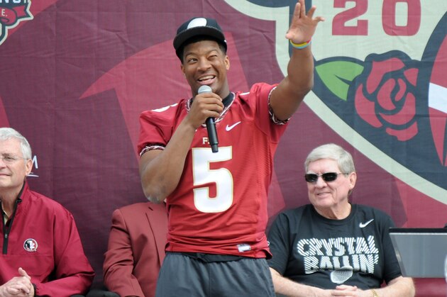 Feb 1, 2014; Tallahassee, FL, USA; Florida State Seminoles quarterback Jameis Winston (5) speaks during the BCS National Championship Celebration at Doak Campbell Stadium. Mandatory Credit: Melina Vastola-USA TODAY Sports