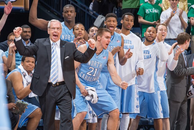 Feb 8, 2014; South Bend, IN, USA; North Carolina Tar Heels head coach Roy Williams and the North Carolina bench react in the first half against the Notre Dame Fighting Irish at the Purcell Pavilion. Mandatory Credit: Matt Cashore-USA TODAY Sports