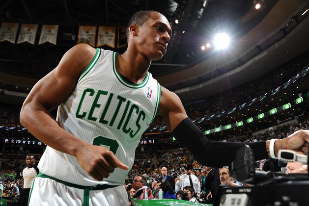 BOSTON, MA - JANUARY 17: Rajon Rondo #9 of the Boston Celtics before the game against the Los Angeles Lakers on January 17, 2014 at the TD Garden in Boston, Massachusetts.  NOTE TO USER: User expressly acknowledges and agrees that, by downloading and or using this photograph, User is consenting to the terms and conditions of the Getty Images License Agreement. Mandatory Copyright Notice: Copyright 2014 NBAE  (Photo by Brian Babineau/NBAE via Getty Images)