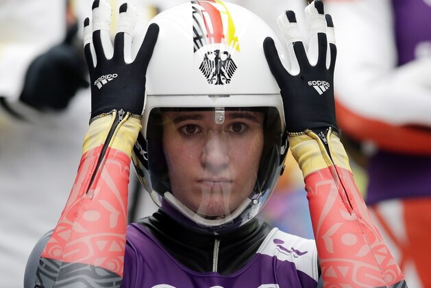 Natalie Geisenberger of Germany prepares to start her run during a training session for the women's singles luge at the 2014 Winter Olympics, Thursday, Feb. 6, 2014, in Krasnaya Polyana, Russia. (AP Photo/Michael Sohn)