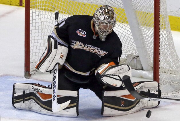 Anaheim Ducks goalie Jonas Hiller (1), of Switzerland, blocks a shot by the Philadelphia Flyers in the second period of an NHL hockey game in Anaheim, Calif., Thursday, Jan. 30, 2014. The Ducks won, 5-3. (AP Photo)
