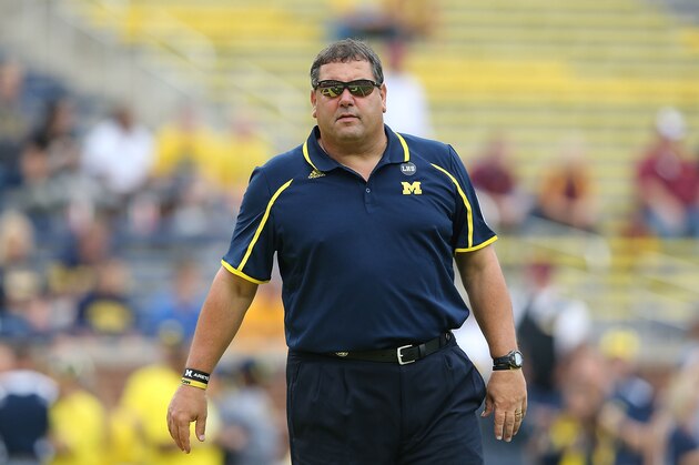 ANN ARBOR, MI - OCTOBER 05:  Head coach Brady Hoke of the Michigan Wolverines watches the action prior to the start of the game against the Minnesota Golden Gophers at Michigan Stadium on October 5, 2013 in Ann Arbor, Michigan.  (Photo by Leon Halip/Getty Images)