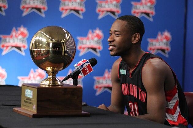 HOUSTON, TX - FEBRUARY 16: Terrence Ross #31 of the Toronto Raptors talks to the media after winning the Sprite Slam Dunk Contest on State Farm All-Star Saturday Night during NBA All Star Weekend on February 16, 2013 at the Toyota Center in Houston, Texas.  NOTE TO USER: User expressly acknowledges and agrees that, by downloading and or using this photograph, User is consenting to the terms and conditions of the Getty Images License Agreement. Mandatory Copyright Notice: Copyright 2013 NBAE.  (Photo by Issac Baldizon/NBAE via Getty Images)