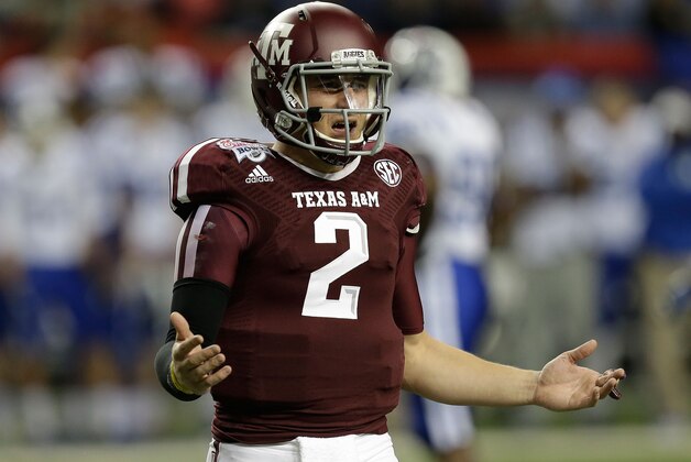 ATLANTA, GA - DECEMBER 31:  Quarterback Johnny Manziel #2 of the Texas A&M Aggies argues a call during the the Chick-fil-A Bowl game against the Duke Blue Devils at the Georgia Dome on December 31, 2013 in Atlanta, Georgia.  (Photo by Mike Zarrilli/Getty Images)