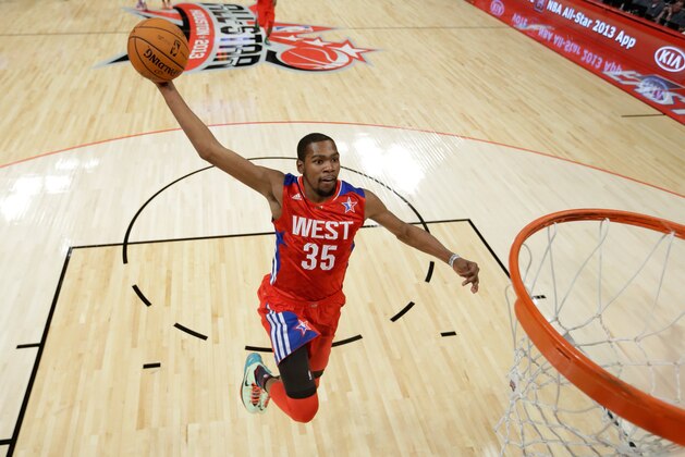 HOUSTON, TX - FEBRUARY 17:  Kevin Durant #35 of the Oklahoma City Thunder and the Western Conference goes up for a dunk during the 2013 NBA All-Star game at the Toyota Center on February 17, 2013 in Houston, Texas. NOTE TO USER: User expressly acknowledges and agrees that, by downloading and or using this photograph, User is consenting to the terms and conditions of the Getty Images License Agreement.  (Photo by Eric Gay/Pool/Getty Images)