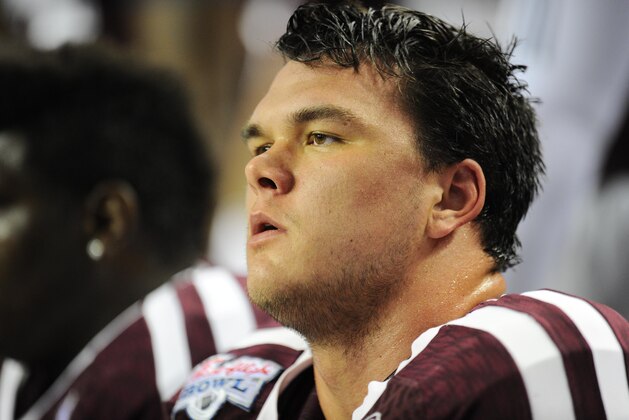 Dec 31, 2013; Atlanta, GA, USA; Texas A&M Aggies offensive linesman Jake Matthews (75) on the bench against the Duke Blue Devils during the first quarter in the 2013 Chick-fil-a Bowl at the Georgia Dome. Mandatory Credit: Dale Zanine-USA TODAY Sports Dec 31, 2013; Atlanta, GA, USA; Texas A&M Aggies offensive linesman Jake Matthews (75) on the bench against the Duke Blue Devils during the first quarter in the 2013 Chick-fil-a Bowl at the Georgia Dome. Mandatory Credit: Dale Zanine-USA TODAY Sports