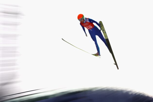 SOCHI, RUSSIA - FEBRUARY 09: Eva Logar of Slovenia jumps during the Ladies' Normal Hill Individual Ski Jumping training on day 2 of the Sochi 2014 Winter Olympics at RusSki Gorki Jumping Center on February 9, 2014 in Sochi, Russia.  (Photo by Ryan Pierse/Getty Images)