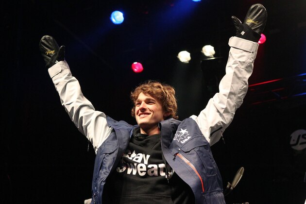 Nick Goepper celebrates after being announced to the U.S. Olympic freeskiing team following the U.S. Grand Prix Saturday, Jan. 18, 2014, in Park City, Utah. (AP Photo/Rick Bowmer)