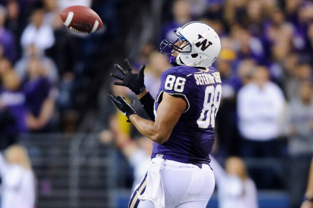 Oct 13, 2012; Seattle, WA, USA; Washington Huskies tight end Austin Seferian-Jenkins (88) catches a pass during the second half against the USC Trojans at CenturyLink Field. Southern California defeated Washington 24-14. Mandatory Credit: Steven Bisig-USA TODAY Sports
