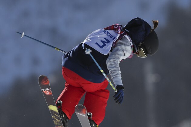 Keri Herman of the United States takes a jump during ski slopestyle training at the Rosa Khutor Extreme Park ahead of the 2014 Winter Olympics, Friday, Feb. 7, 2014, in Krasnaya Polyana, Russia. (AP Photo/Sergei Grits)