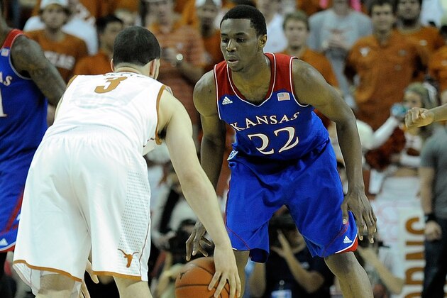 AUSTIN, TX - FEBRUARY 01:  Andrew Wiggins #22 of the Kansas Jayhawks defends Javan Felix #3 of the Texas Longhorns during a game at The Frank Erwin Center on February 1, 2014 in Austin, Texas.  Texas won the game 81-69.  (Photo by Stacy Revere/Getty Images)