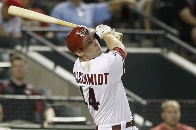 PHOENIX, AZ - AUGUST 13:  Paul Goldschmidt #44 of the Arizona Diamondbacks watches the flight of his game-winning walk off home run against the Baltimore Orioles in the eleventh inning of a MLB game at Chase Field on August 13, 2013 in Phoenix, Arizona. The Diamondbacks defeated the Orioles 4-3.  (Photo by Ralph Freso/Getty Images)
