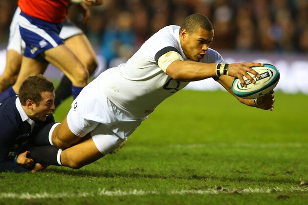 EDINBURGH, SCOTLAND - FEBRUARY 08:  Luther Burrell of England goes over to score a try during the RBS Six Nations match between Scotland and England at Murrayfield Stadium on February 8, 2014 in Edinburgh, Scotland.  (Photo by David Rogers/Getty Images)