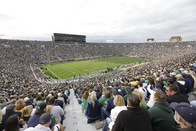 Notre Dame Stadium is shown during the second half of an NCAA college football game between Notre Dame and Michigan State in South Bend, Ind., Saturday, Sept. 21, 2013. Notre Dame defeated Michigan State 17-13. (AP Photo/Michael Conroy)
